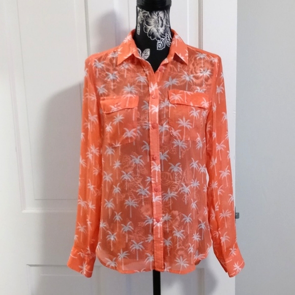 American Eagle Outfitters Tops - 🌴American Eagle🌴 - Orange/White Sheer L/S Button Down w/Palm Trees